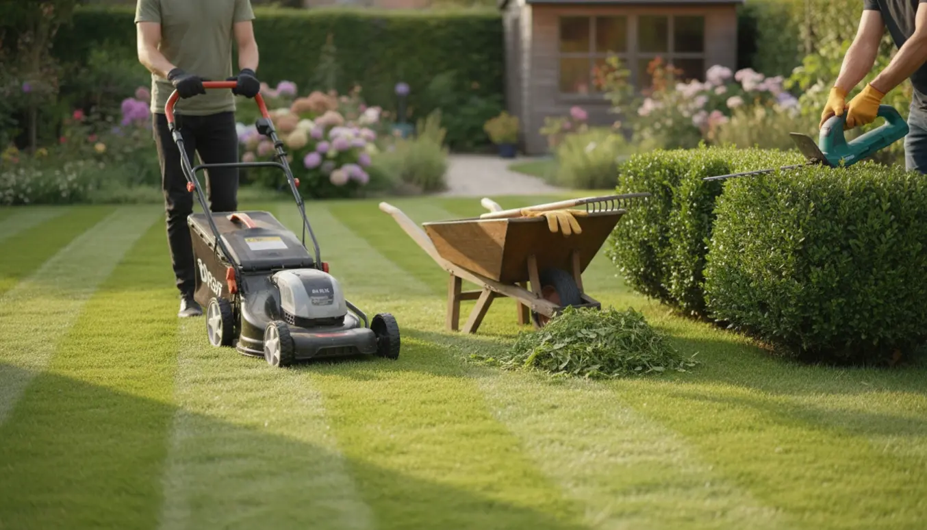 Friskklippet græs med striber og hækketrimning i en velplejet have.