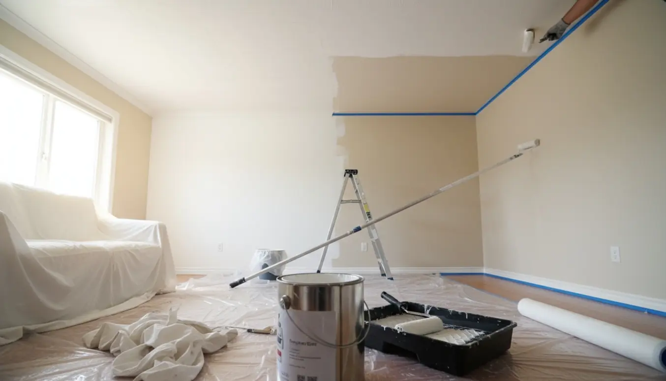 Halvt malet rum med hvid maling, malerbøtte, rulle, stige og afdækningsplast.