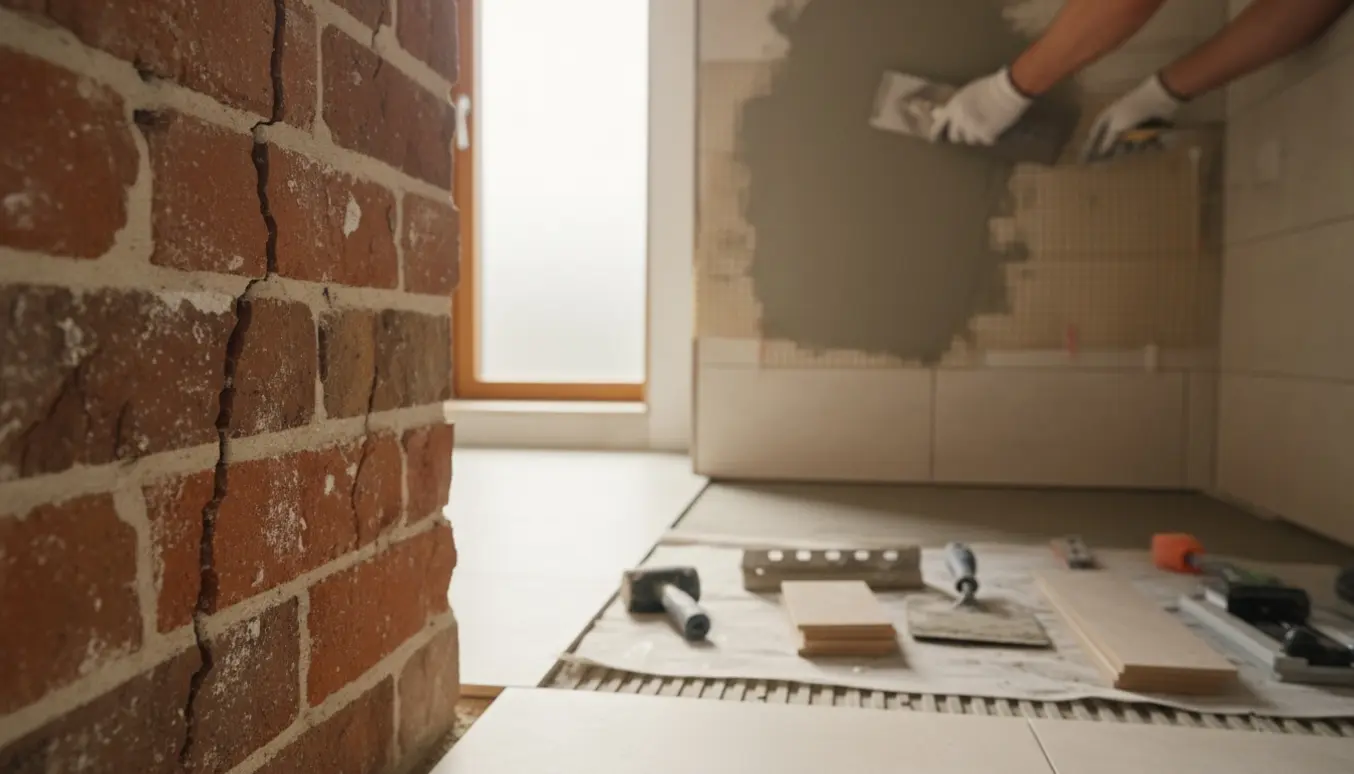 Badeværelse under renovering med frostskadede tegl i læmuren, vægfliser dækket af armeringsnet og puds samt nye tynde gulvfliser.