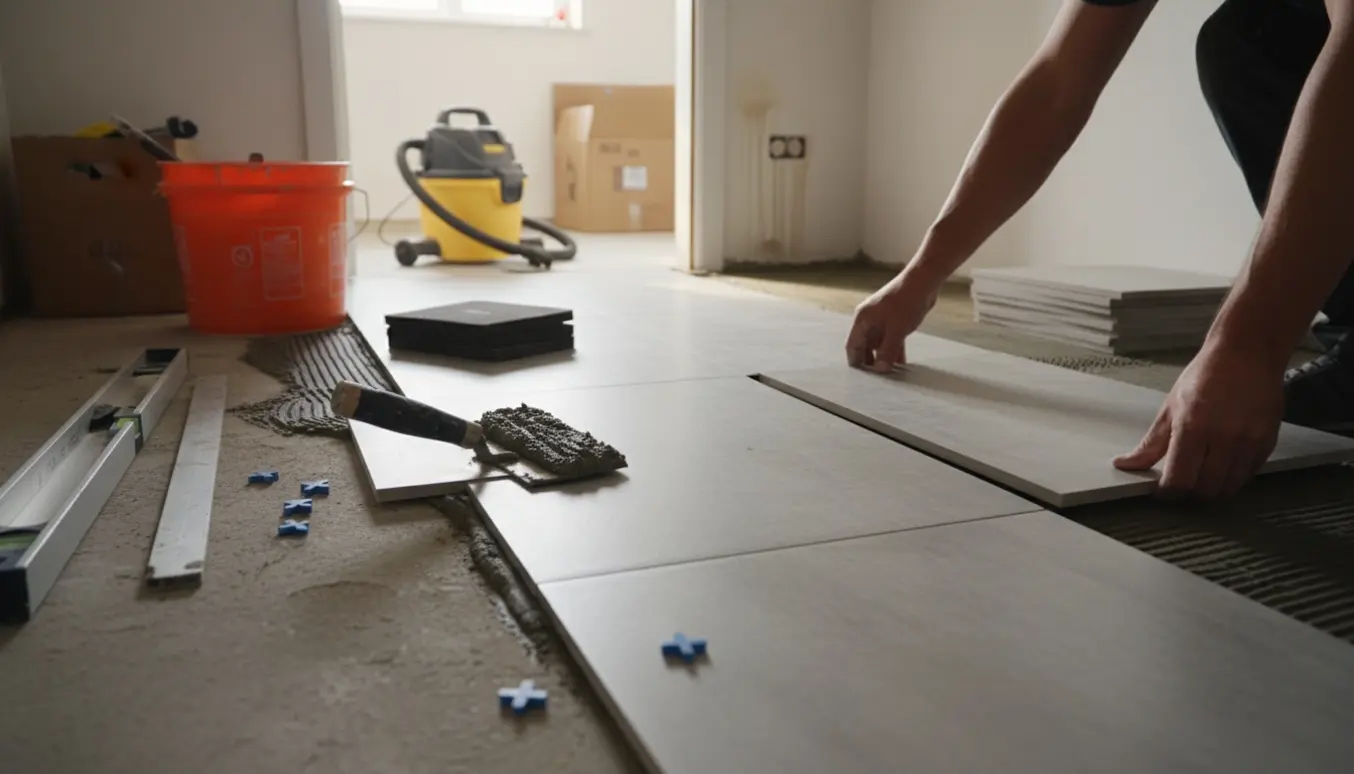 Hænder lægger fliser i et kældergulv med værktøj og stablede fliser i baggrunden.