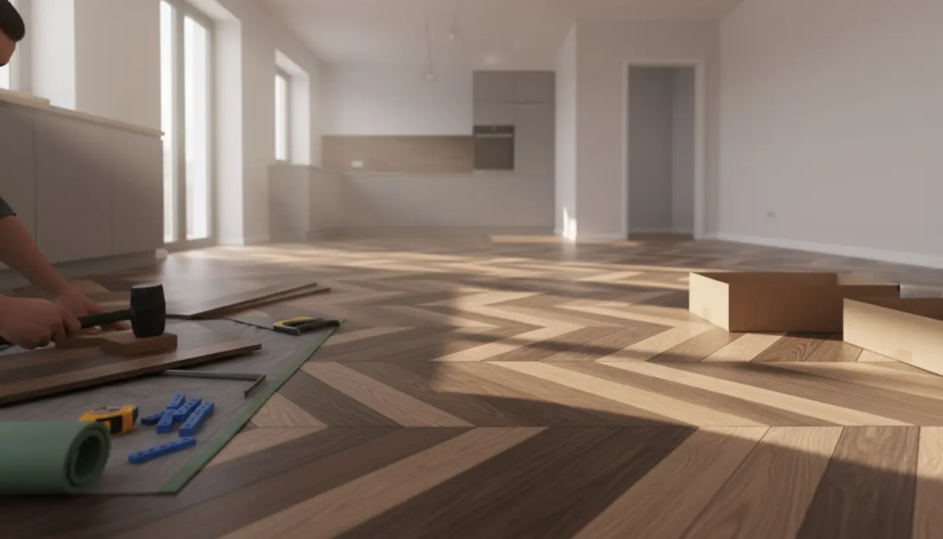 Ny sildebensparket klikgulv lægges i et tomt køkkenalrum med værktøj og et åbent værelse i baggrunden.