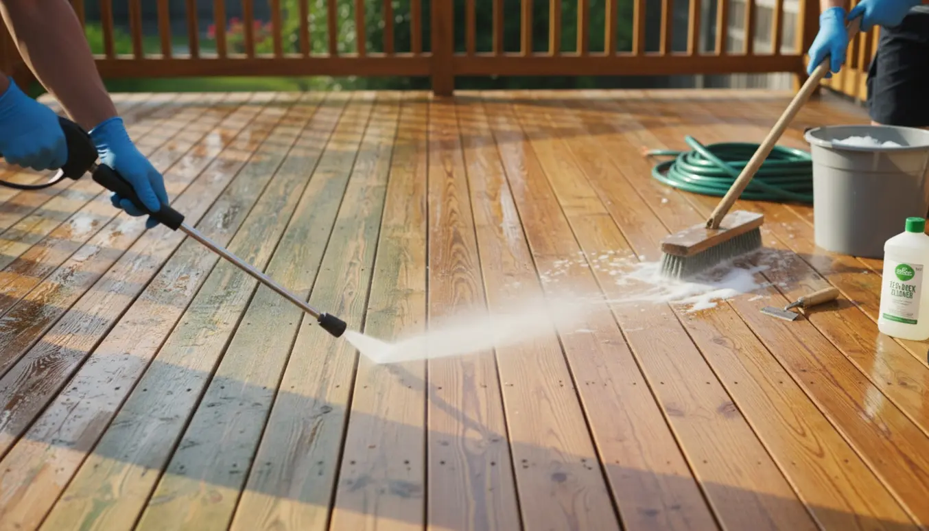 Rensning af trykimprægneret træterrasse for alger med højtryksrenser og børste, før-og-efter visning.