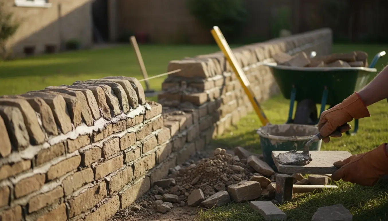 Delvist færdiggjort stenmur med løse sten, mørtelspand og en hand med murske.