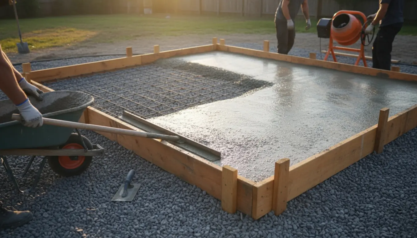 Vådt betonarbejde på et rektangulært udendørsareal med forskalling, armeringsnet og værktøj i aftenslys.