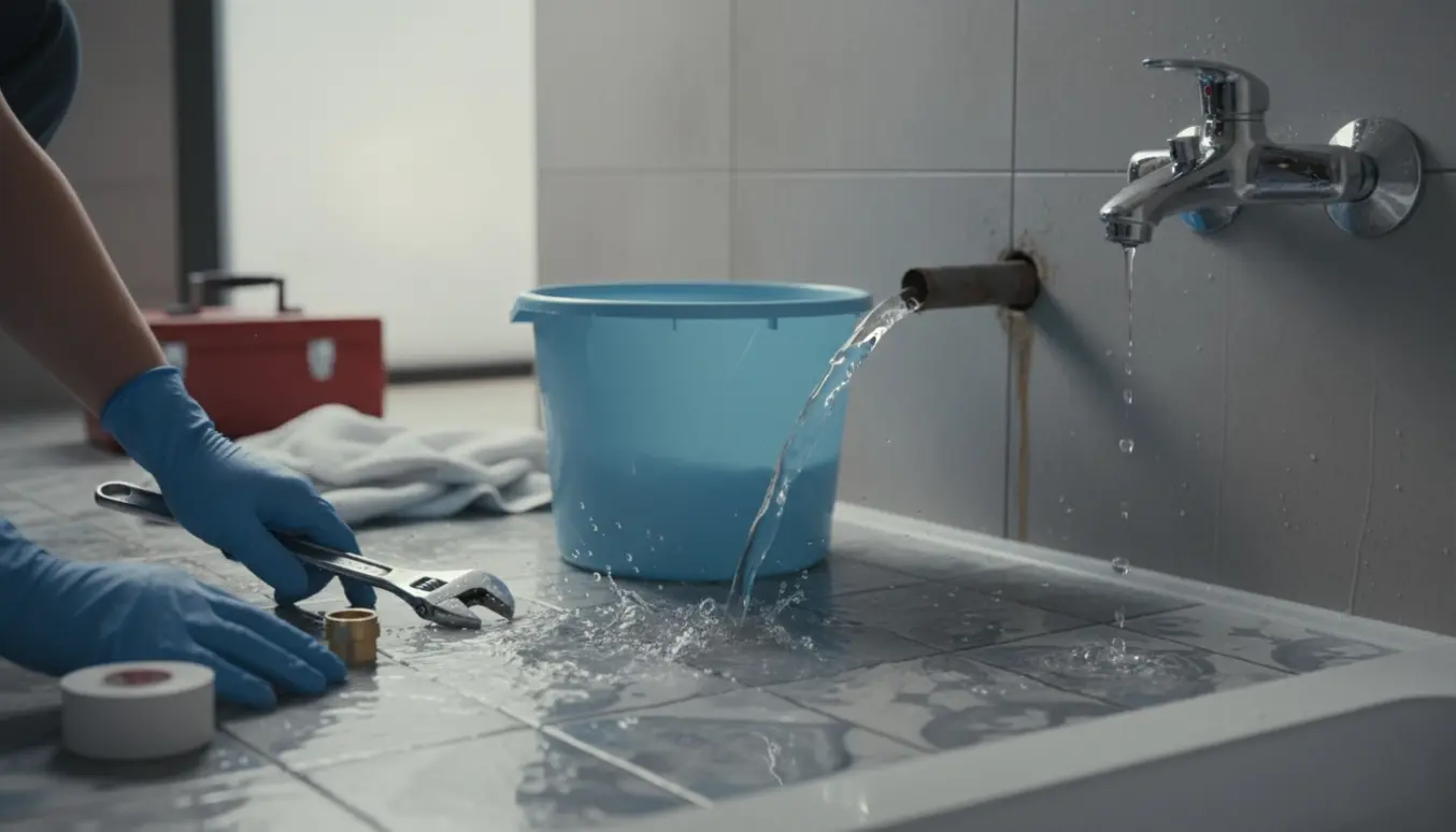 Vand fosser ud af et lille rør i soklen og et dryppende brusebatteri, mens hænder med skruenøgle forsøger at stoppe lækagen.