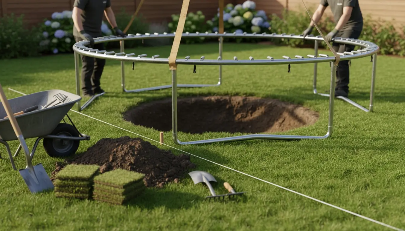 Nedgravning af havetrampolin på 426 cm med stålramme sænket i et cirkulært hul og værktøj ved siden af.