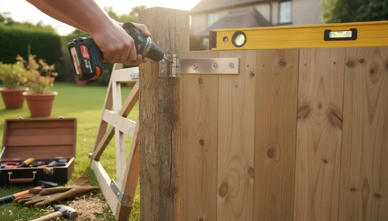 Hænder monterer en ny træhavelåge med værktøj og træspåner i en have.