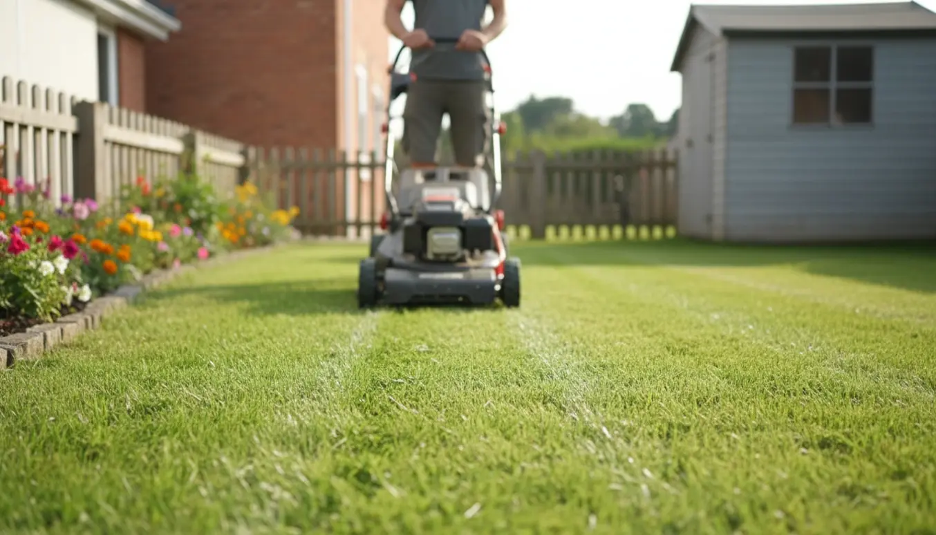En græsslåmaskine klipper en lille baghave på ca. 100 m² med nyklippet græs og huset i baggrunden.