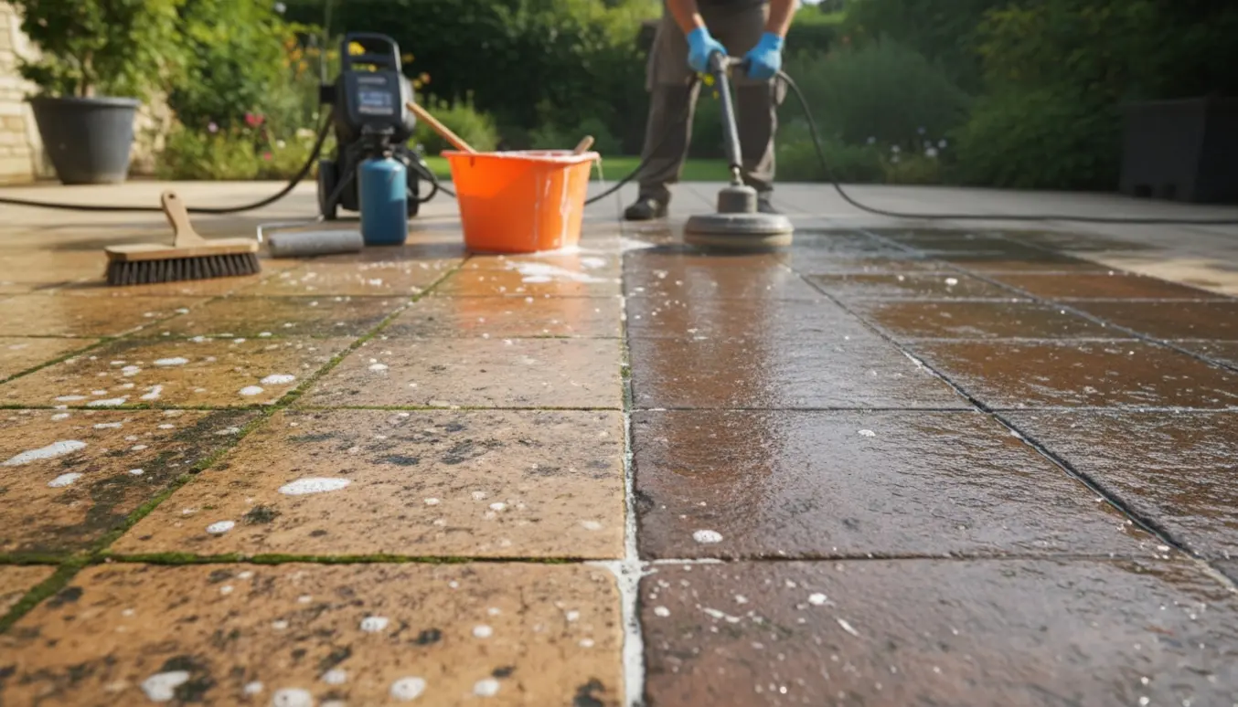 Delvist rensede og imprægnerede terrassefliser med højtryksrenser og imprægneringssprøjte.