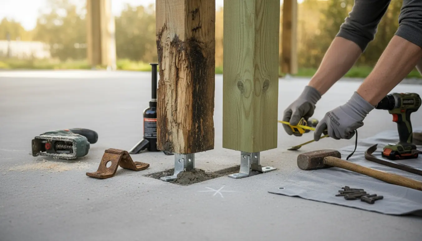 Udskiftning af rådne carportstolper med nye stolper, sokkelsko og værktøj i fokus.