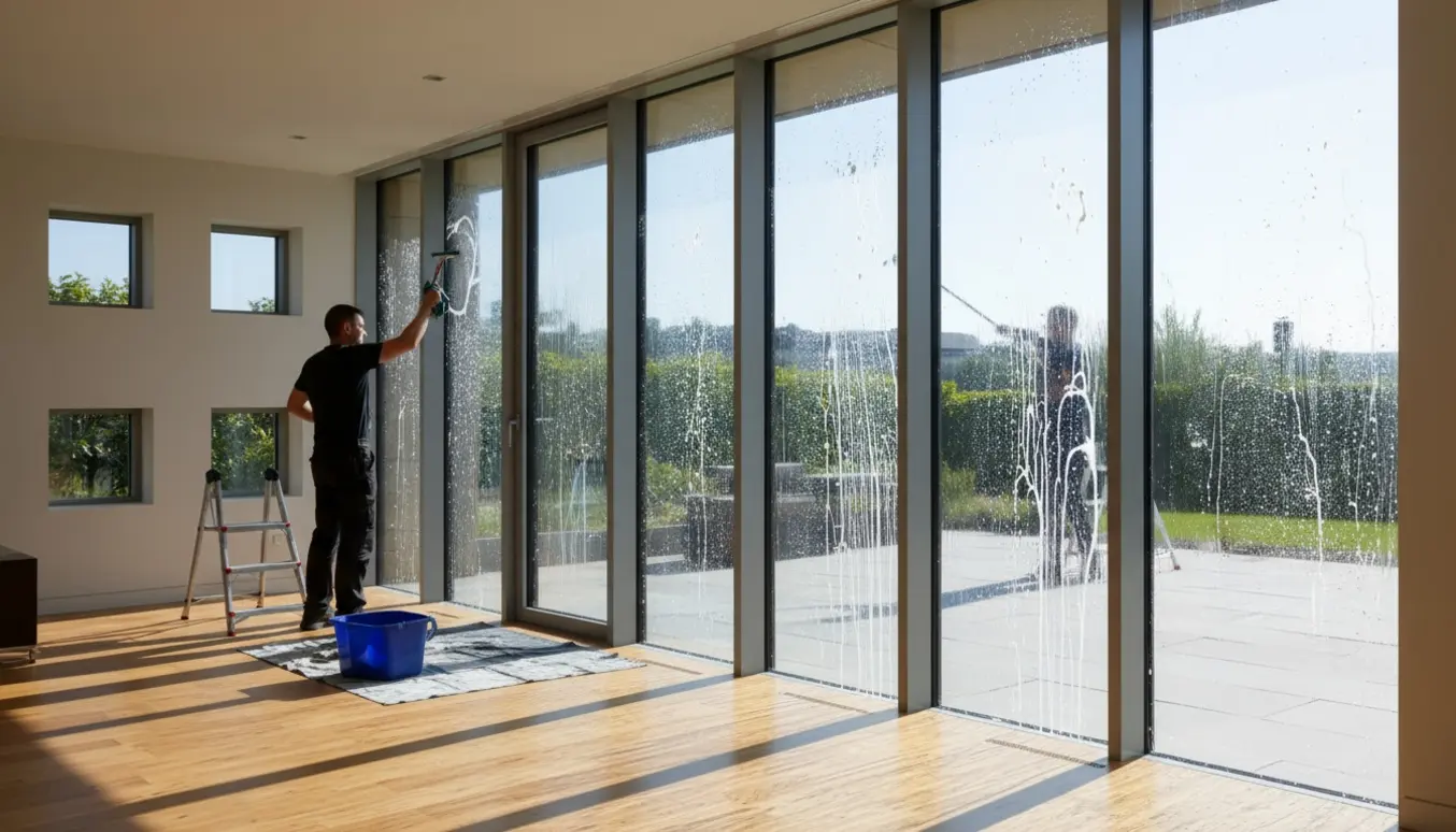 Indvendig og udvendig vinduespudsning på en moderne bolig med personer set bagfra og rene, stribefri ruder.