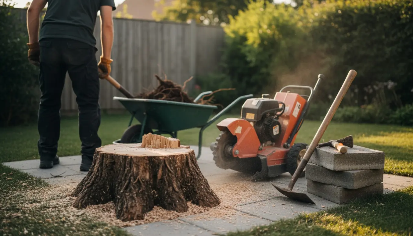 Træstub ved fliseområde under opbrydning med værktøj og friske flis.