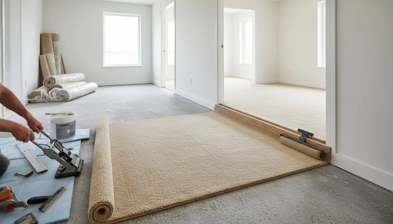 Udlægning af gulvtæppe i tre sammenhængende rum med ruller, værktøj og tæppe ført op over et trin.