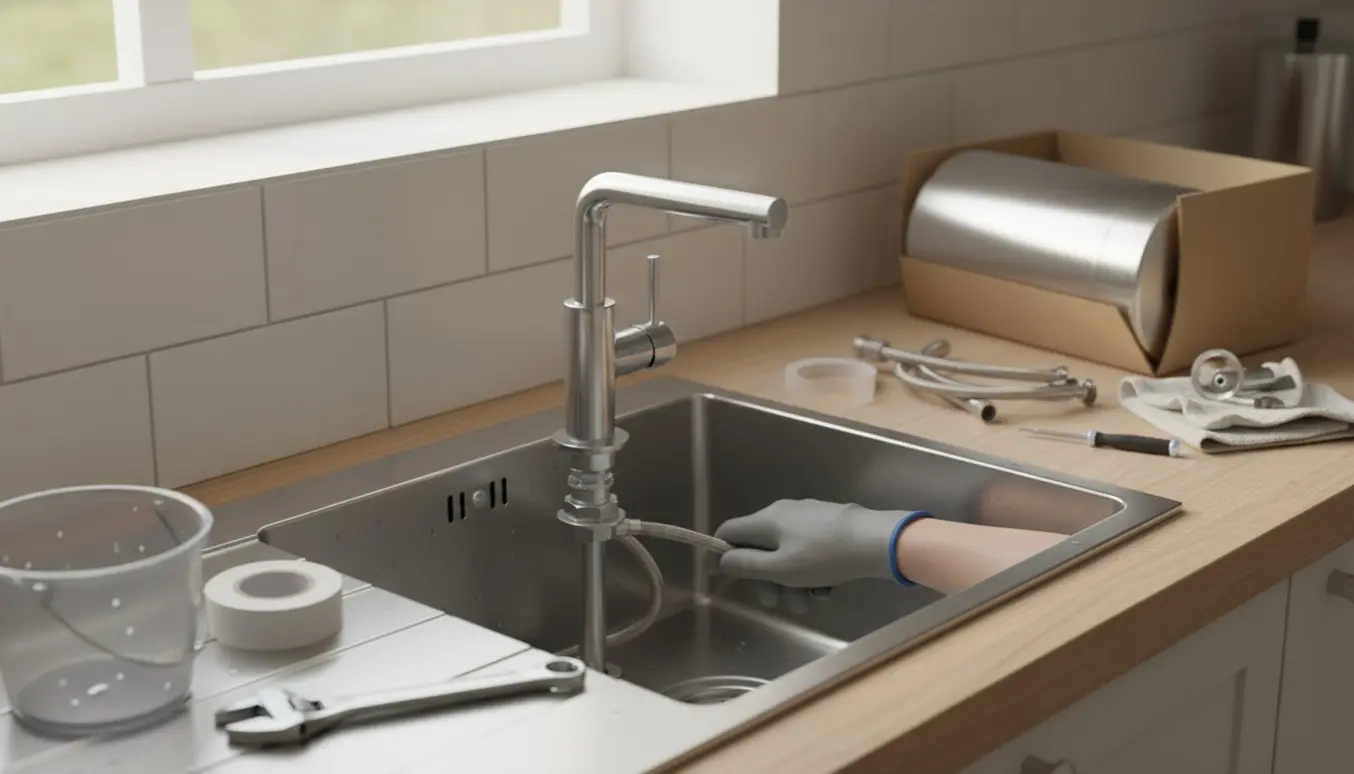Hænder ved køkkenvask fjerner en kogevandshanen og forbereder montering af et simpelt blandingsbatteri.