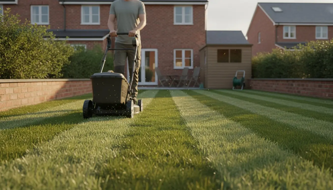 Rækkehushave på cirka 400 m² med nyslået plæne og en person, der klipper græsset med en plæneklipper.