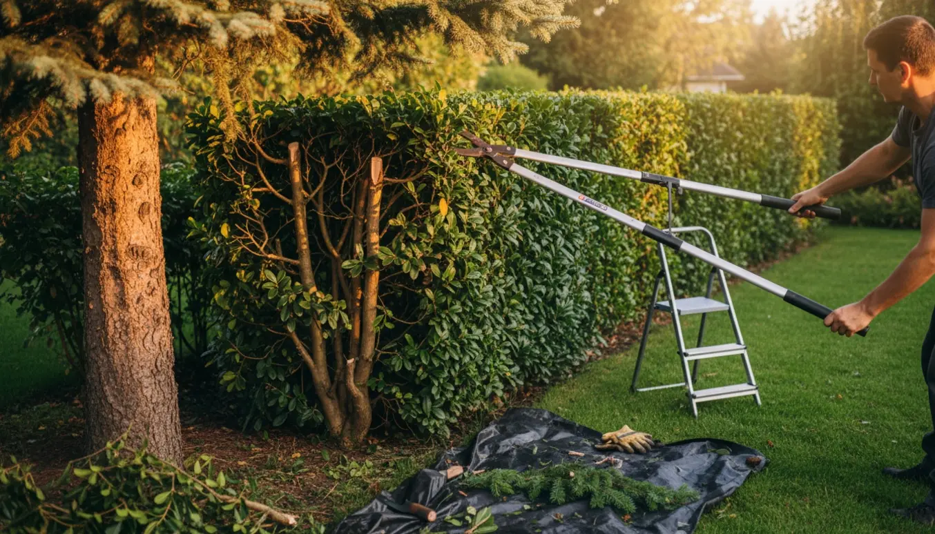 Gartner beskærer en høj busk med grensaks for at flugte med en nabograns højde, med klippeaffald samlet på græsset.