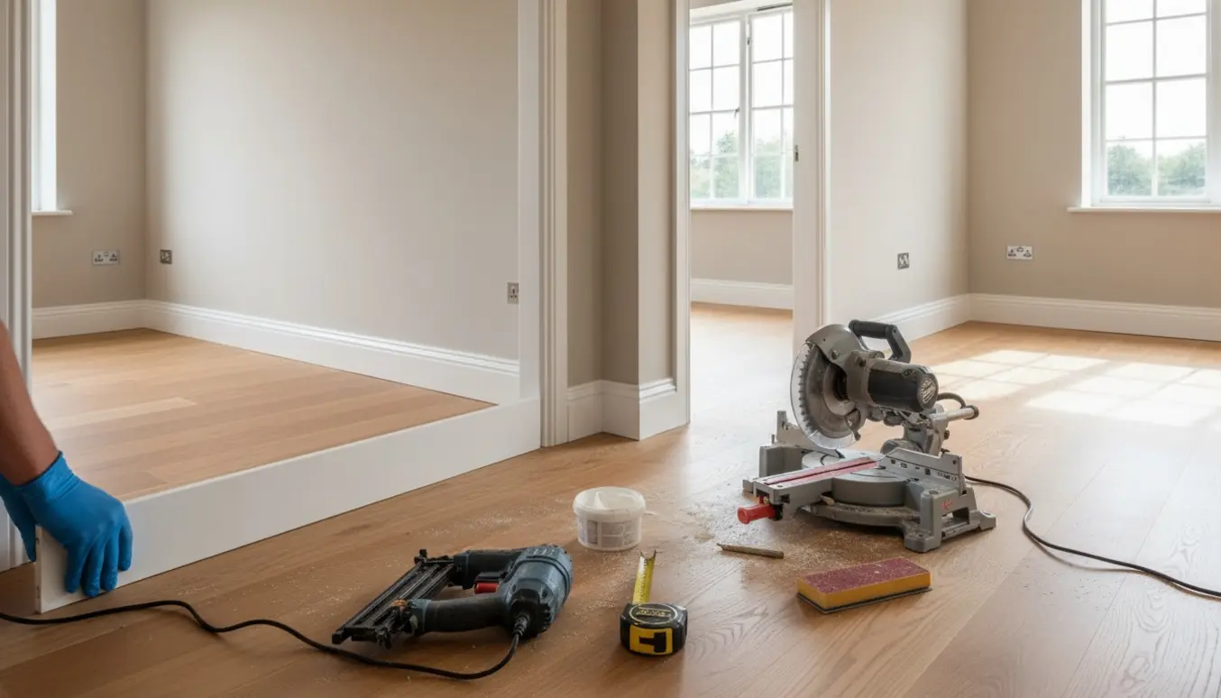 Hænder monterer hvide fodlister i et lyst rum med værktøj og materialer på gulvet.