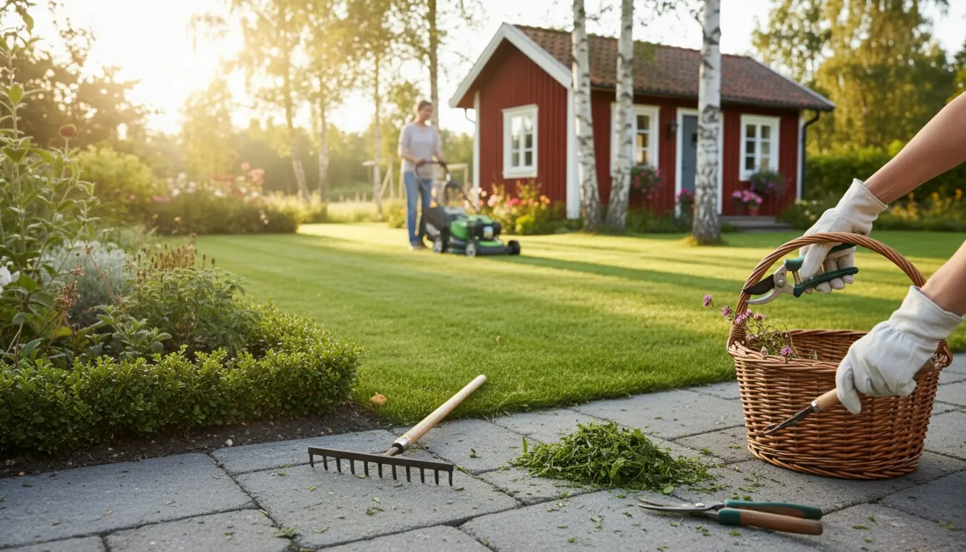 Hænder i handsker klipper visne blomster og fjerner ukrudt mellem fliser foran et rødt træ-sommerhus, med nyslået græs i baggrunden.