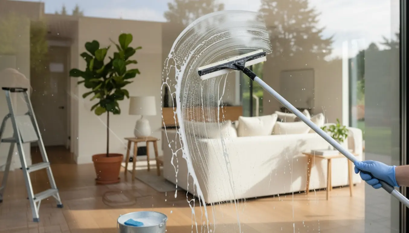 Vinduespudser vasker ydersiden af et stort stuevindue med skraber, mens stuens sofa og plante ses sløret bag glasset.