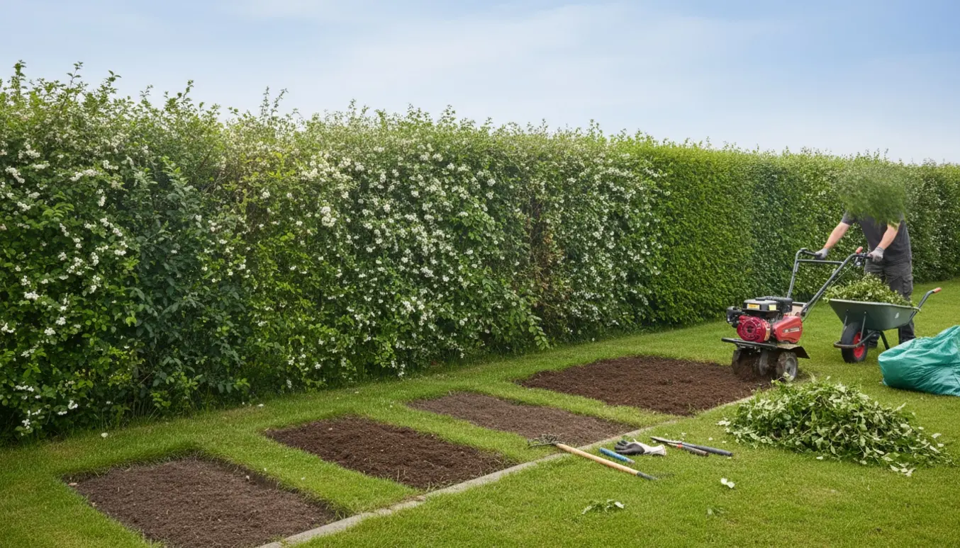 Lang hæk bliver klippet ned og tre bede er fræset om fra græs til mørk muld, med værktøj og trillebør ved siden af.