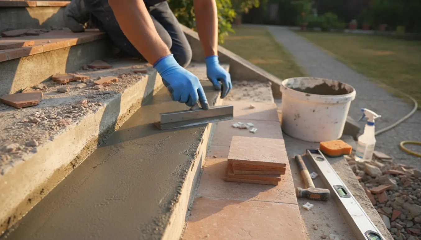 Udenomhstrappe under reparation med friske mørtellag, nye fliser og mørtelværktøj.