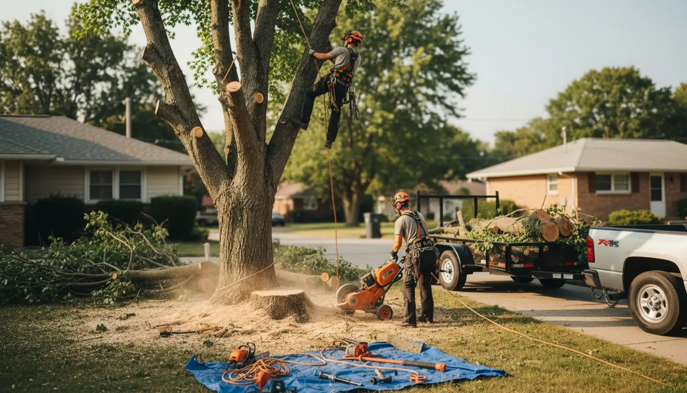 Arborist tager et 10–12 meter træ ned i sektioner med motorsav og stubfræser, grene stablet ved en trailer.