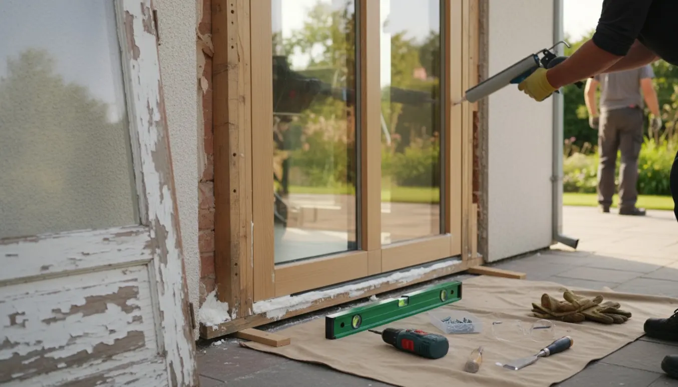 Udskiftning af en gammel træ- og glas-havedør med nyt karmarbejde og fugning, værktøj klart ved siden af.