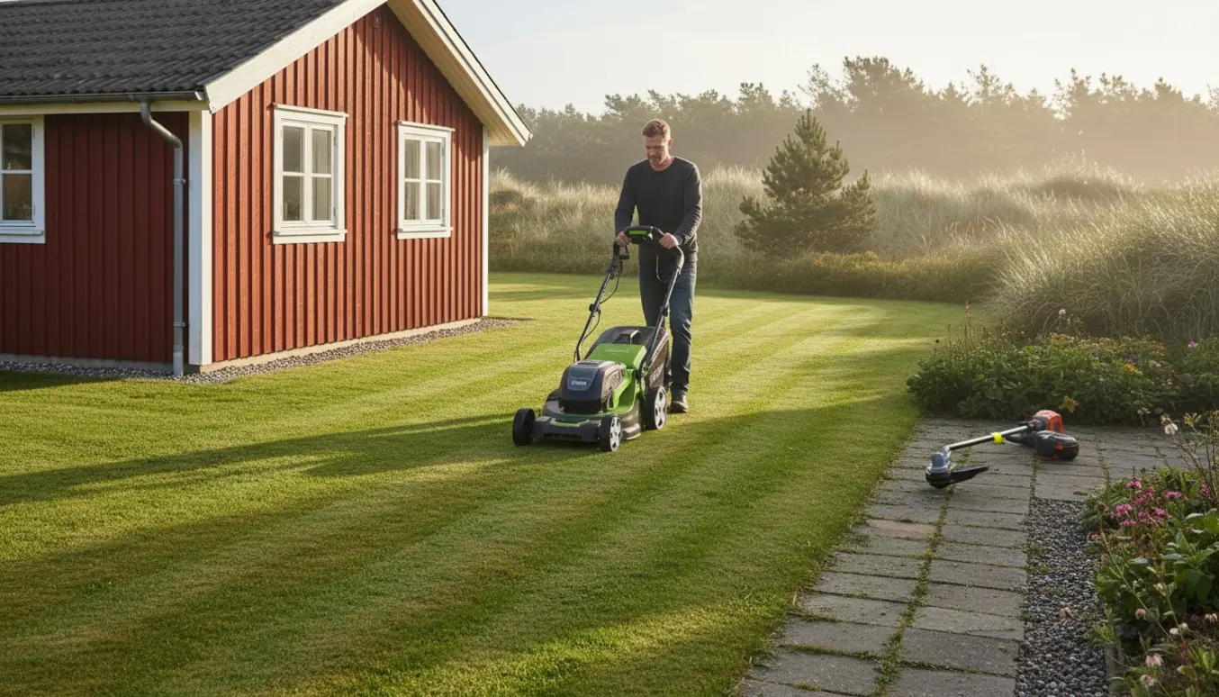 Person slår græs ved et sommerhus i Nordsjælland med plæneklipper og kanttrimmer.