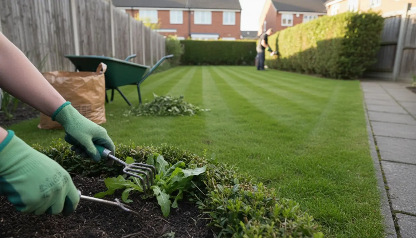 Glove-beklædte hænder fjerner ukrudt ved hæk, mens en plæne med striber er nyslået i en rækkehushave.