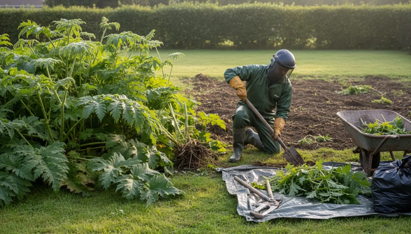 To små arealer med store, lave bjørneklo-planter og en person i beskyttelsesudstyr ved fjernelse af planter.