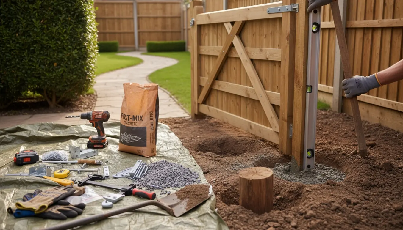 Hænder sætter en træhavelåge op med nye stolper, værktøj og materialer lagt klart i en solrig have.