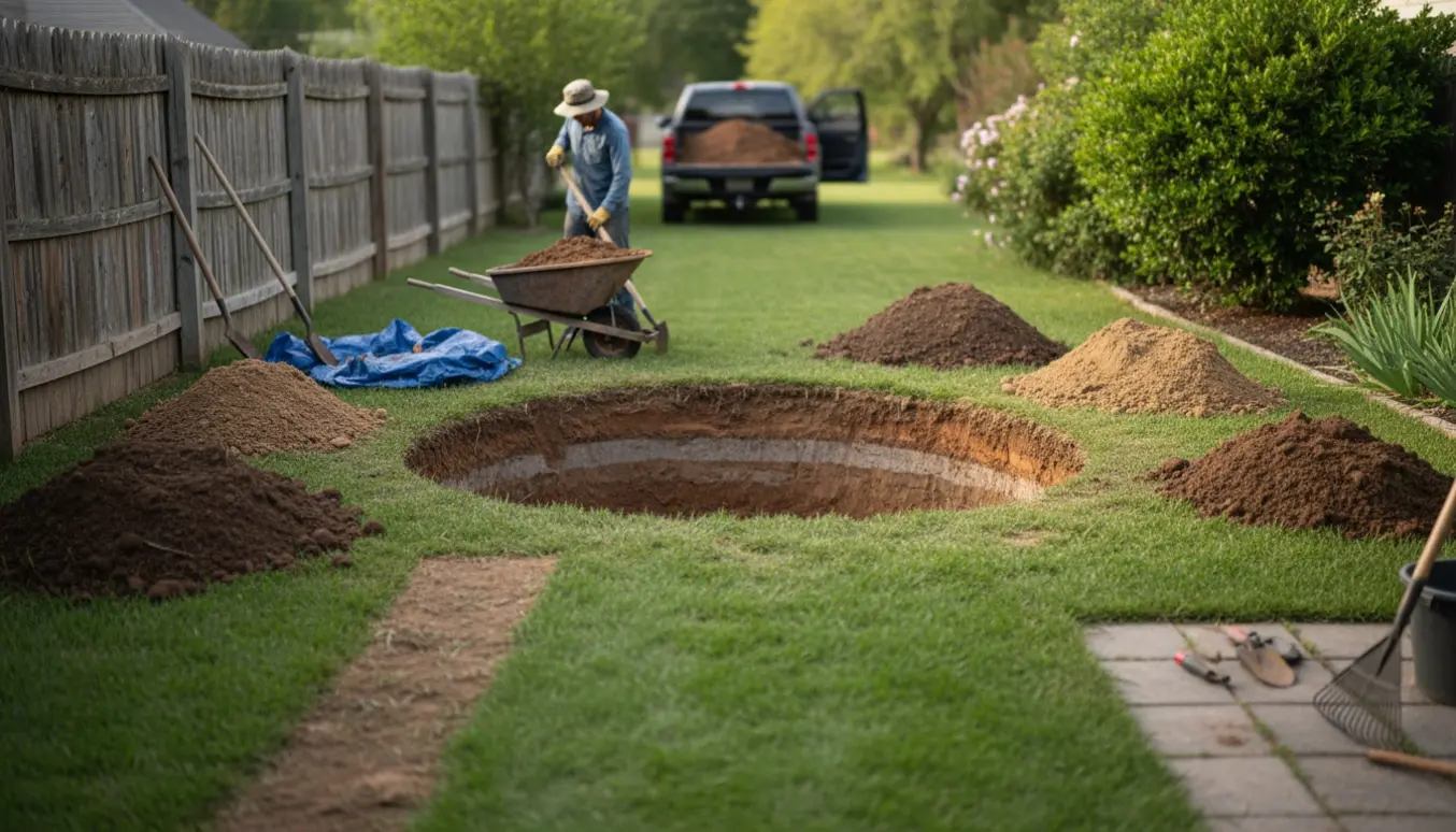 Baghaveudgravning til nedgravet trampolin med skålformet hul, jordbunker og trillebør klar til bortkørsel.