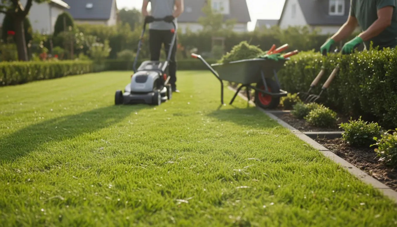 En havemand slår græs og luger ukrudt under en hæk ved en veltrimmet græsplæne.