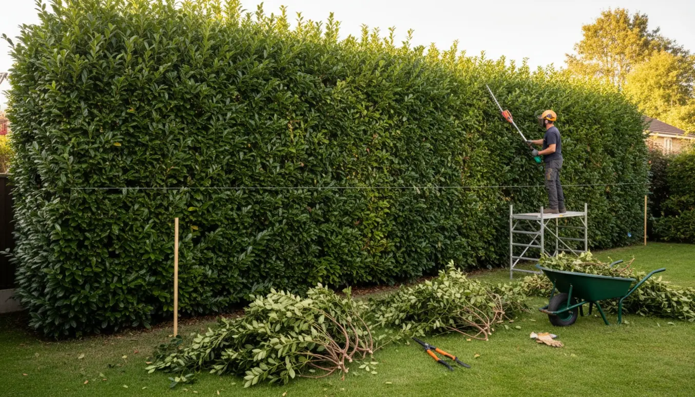 En håndværker trimmer en høj kirsebærlaurbærhæk fra et stillads med afklippede grene samlet ved siden af.