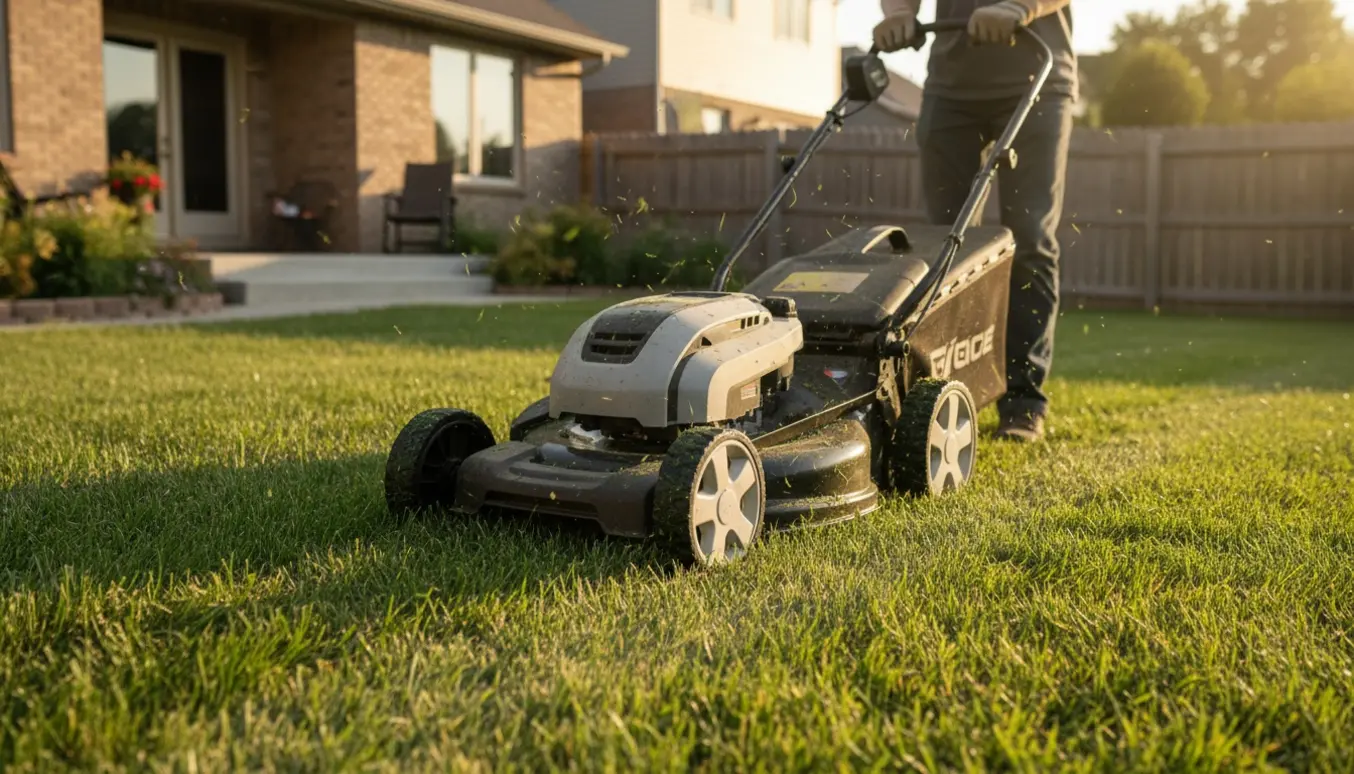 En person slår en mellemstor græsplæne med en moderne akku-plæneklipper, der efterlader klare striber af nyklippet græs.