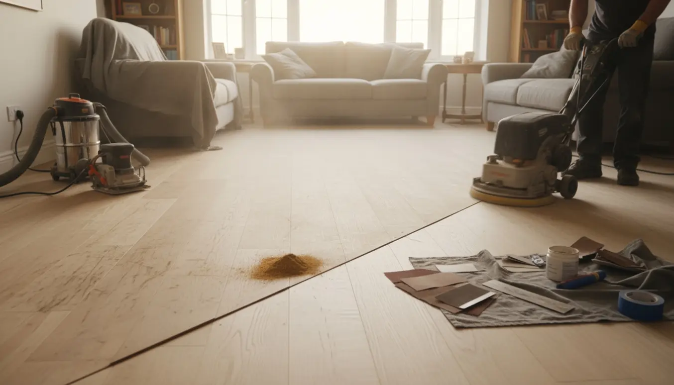 En hånd betjener en gulvsliber på et lyst trægulv, hvor dybe ridser bliver slebet væk.