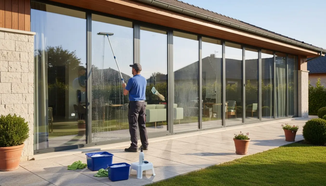 Vinduespudser rengør store vinduer på en enetagesvilla fra terrassen med teleskopskrubbe og spand.
