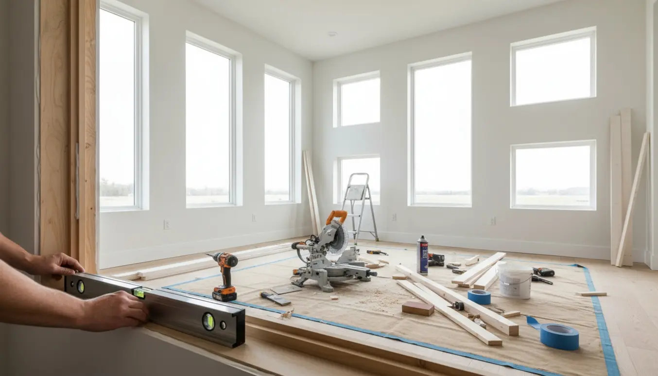 Indendørs foto hvor håndværkerhænder monterer træindfatninger ved seks store og to små vinduer.