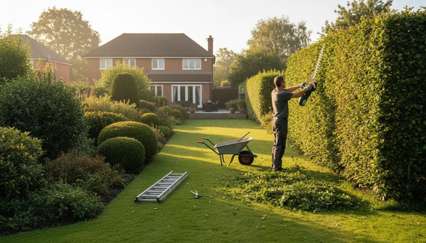 En person trimmer en bøgehæk og liguster i haven med værktøj og afklip ved siden af.