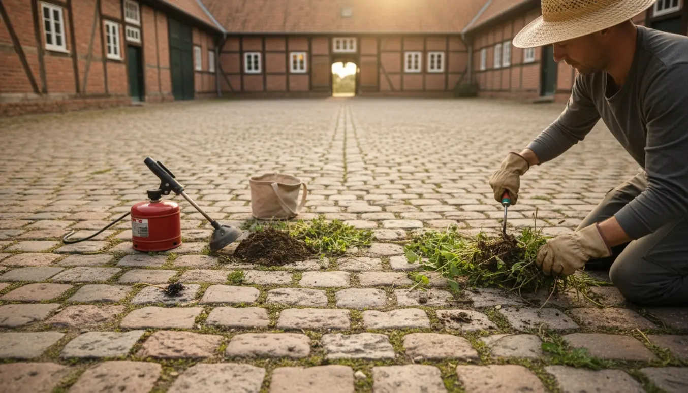 Person fjerner ukrudt mellem brosten i en firelænget gårdsplads med håndredskaber og en lille brænder.