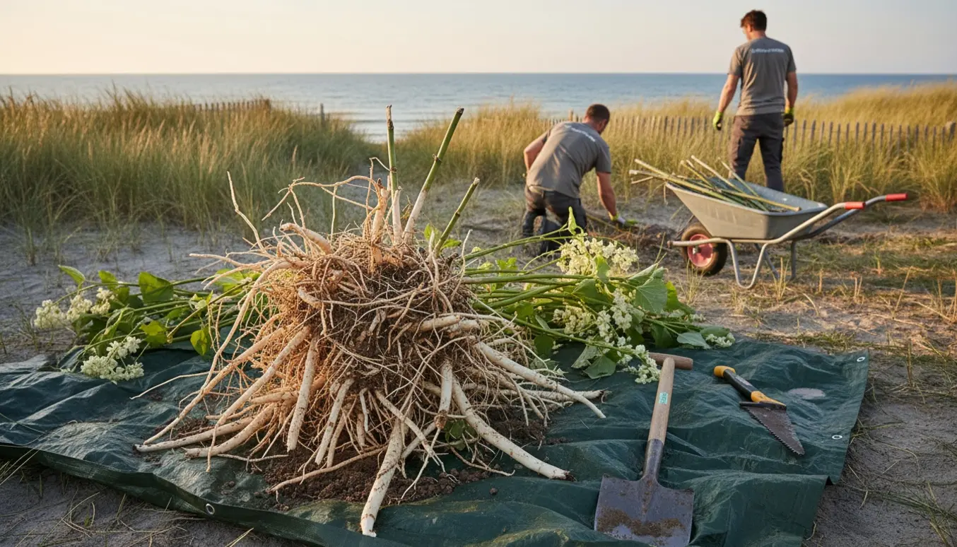 Fjernelse af ukrudt og japansk pileurt på en kystgrund i Nordsjælland med synlige rodklumper og værktøj.