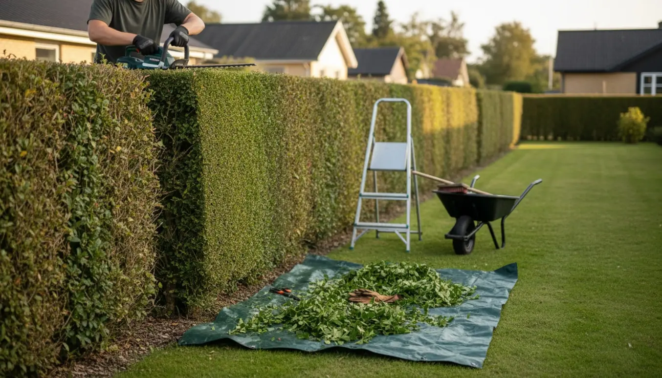 Nyligt klippet 160 cm høj hæk i en Brønshøj-have med haveredskaber og bunker af afklip på en presenning.