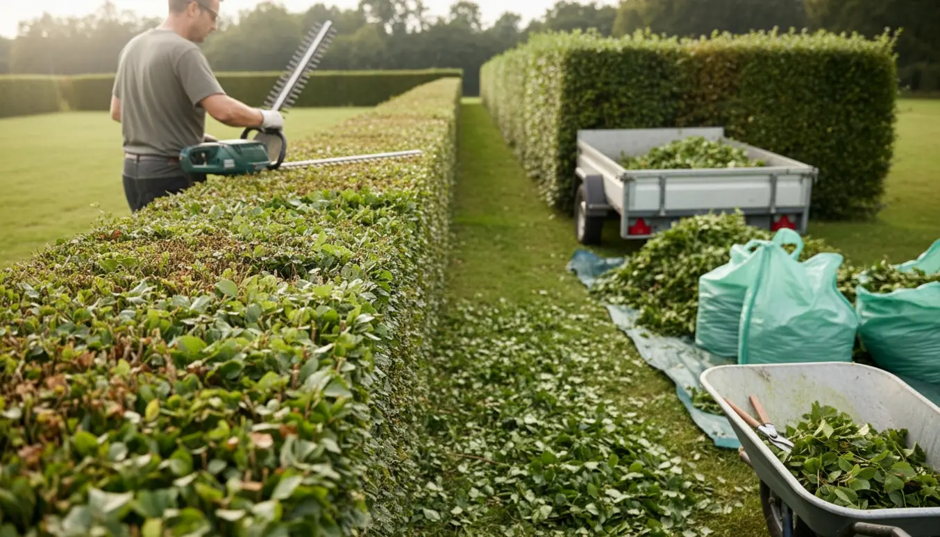Lang bøgehæk klippes om sommeren, med friske afklip samlet i trailer og sække klar til bortskaffelse.