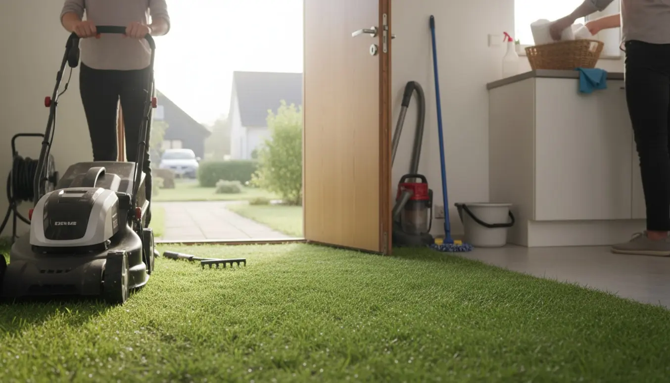 Åben lejlighedsdør til lille have, hvor en plæneklipper og rengøringsudstyr er i brug.