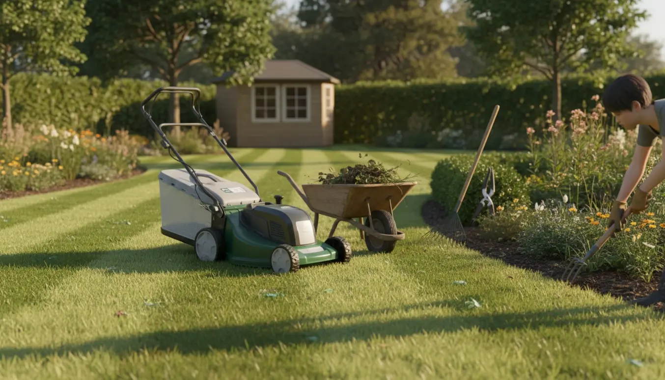 Stor privat have med nyslået græs, haveredskaber og hænder der fjerner ukrudt.