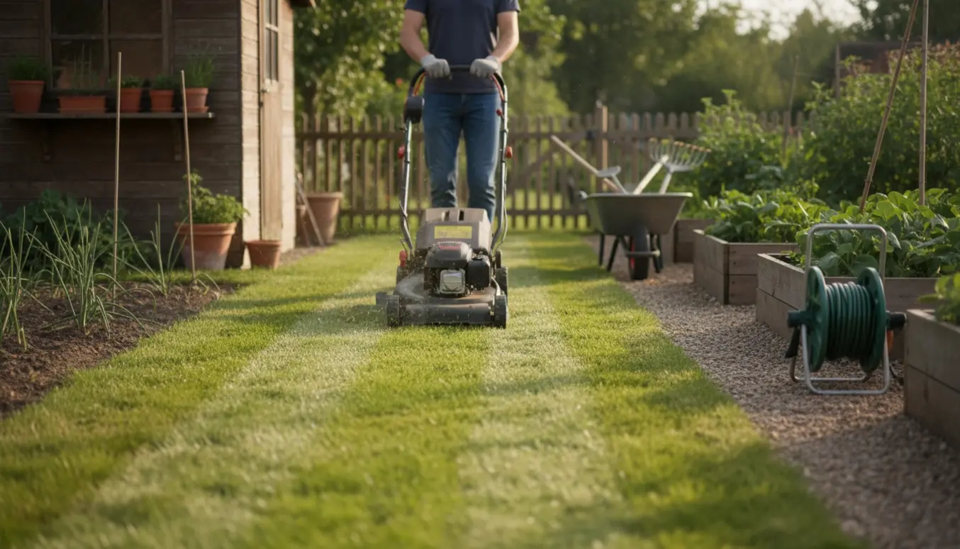 En person slår græsset i en kolonihave med en plæneklipper, der efterlader rene striber.
