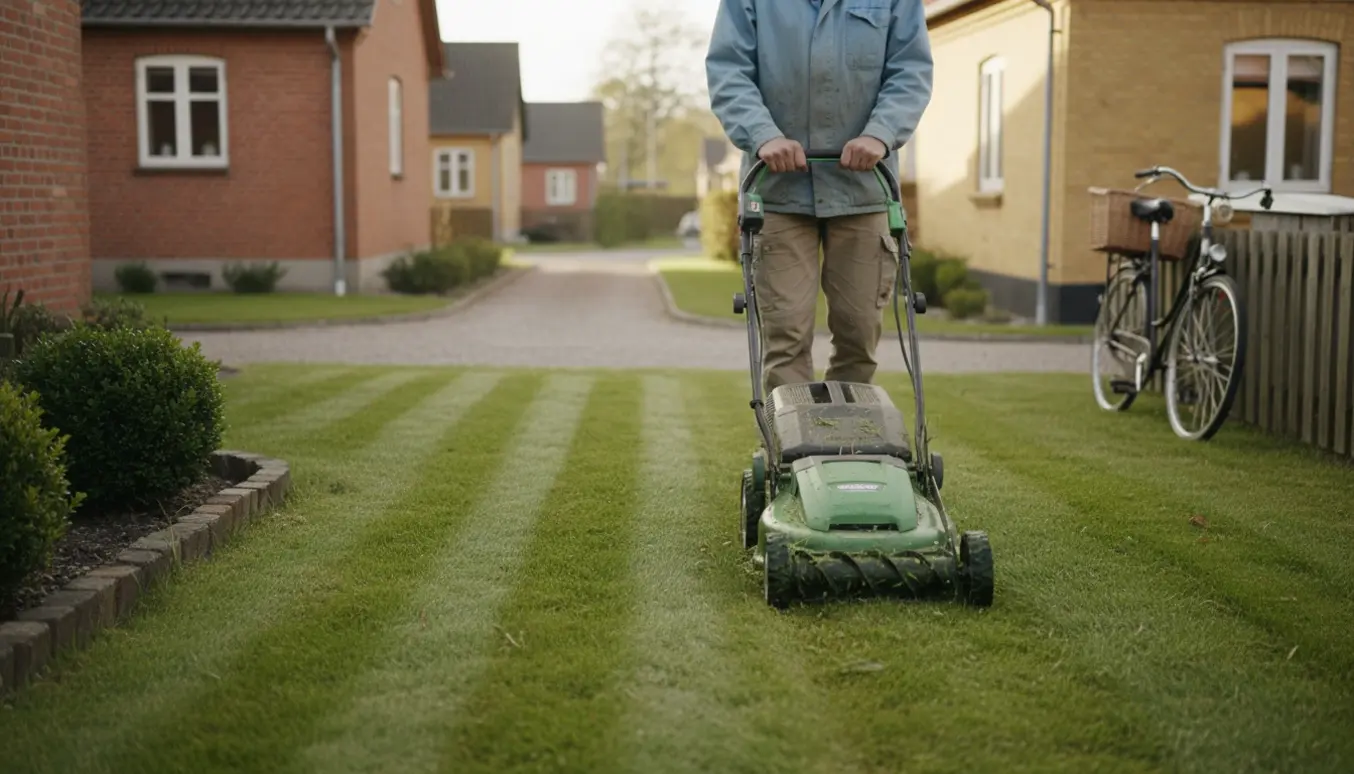Person slår græs på en smal forhave i Fredericia med en plæneklipper, set bagfra.