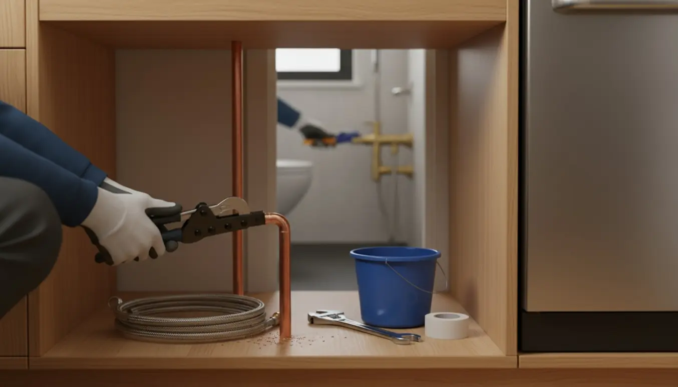 Nærbillede af VVS-arbejde hvor rør under køkkenbord klargøres til opvaskemaskine, og en hånd justerer en stram bruserskifter i baggrunden.