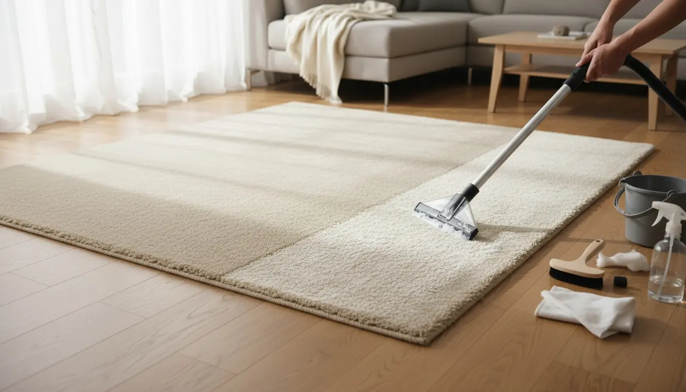 Lyst tæppe renses med tæpperenser i en lys stue, synlig før-og-efter-kontrast.