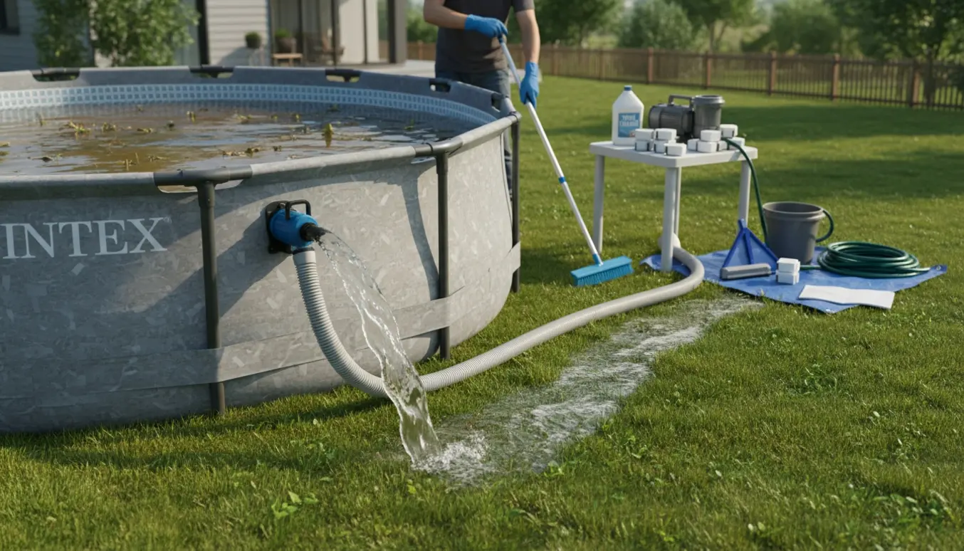 En rund Intex-pool tømmes og rengøres i en baghave med pumpe og rengøringsredskaber klar.